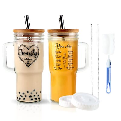 #ad 2Pack 24oz Glass Tumbler With HandlePositive Love Glass Cups With Lids and S...