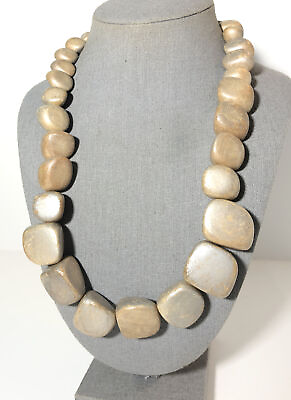 #ad Wood Chunk Bead Statement Necklace Long 22” Grey Stone Tone Fashion Jewelry.