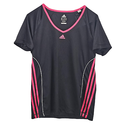 #ad Adidas Climalite Womens Sport Top V Neck Black With Pink Stripes Size L