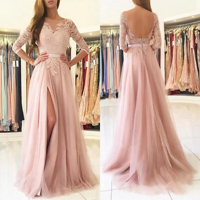 #ad Blush Pink Split Long Bridesmaids Dresses Sheer Neck Applique Wedding Guest Gown