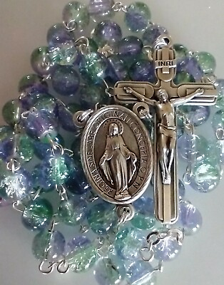 #ad Beautiful Catholic Blue Purple Green Crackle Glass Rosary