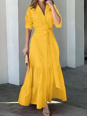 #ad Solid Button Front Belted Dress Elegant Ruched Sleeve Ruffle Trim Maxi Dress