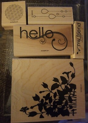 #ad Stampin Up HELLO FRIEND Wood Mount Stamp Set of 5 Flower Leaves Raindrop 