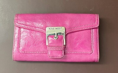 #ad Nine West Leather Wallet Handbag Purse Hot Pink Snap Zipper Photo Card Slots