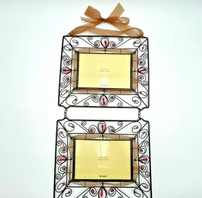 #ad Pier One Multi Photo Metal Jeweled Ribbon Wall Hanging Picture Frame NIB