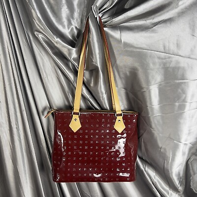 #ad Arcadia Burgundy Red Tan Embossed logo Patent Leather Medium tote Purse Bag EUC