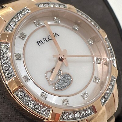 #ad Bulova Womens Crystal Accent Rose Goldtone Stainless Steel Bracelet Watch 98l303