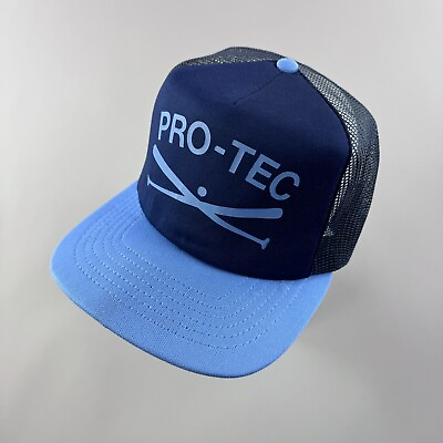 #ad VTG Derby Hat Cap Men Pro Tec Logo Snapback Trucker Mesh Made USA Blue Baseball