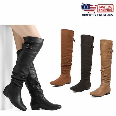Womens Ladie Over The Knee Boots Suede PU Classic Flat Zip Boot Thigh High Boots $38.99