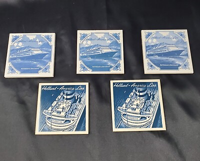 #ad Lot Of 5 Holland America Line Tiles Coasters Blue Delft Royal Cork Backed 4quot;