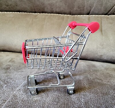 #ad Miniature Replica Silver Red Metal Shopping Cart Rolls On Wheels Foldable Seat
