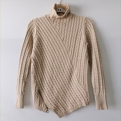 #ad 525 America Womens Beige Turtuleneck Cable Knit Zipper Waist Sweater Size Small