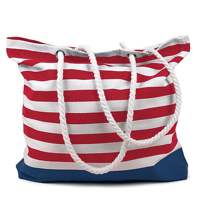 RED STRIPES Beach Bag Cotton Made in India 15.7x17.7 inches Tote $11.95