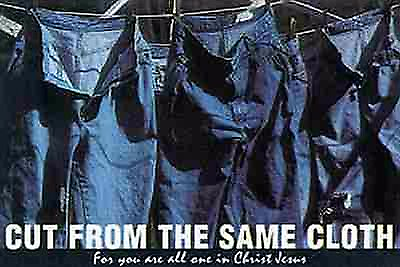 #ad CHRISTIAN POSTER Cut From the Same Cloth Jesus Christ Quote Denim Jeans 1994