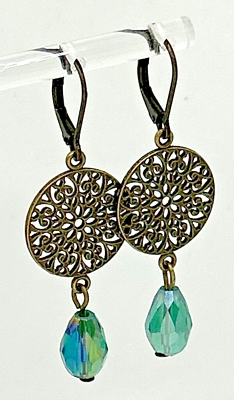 #ad TEAL GREEN Filigree Flower Dangle Drop Leverback Earrings Glass Teardrop Beads