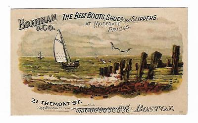 #ad Old Trade Card Brennan Boots Shoes Slippers Boston Sailboat