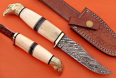 #ad 10quot; trailing point blade custom skinning knife with eagle pomel Leather sheath
