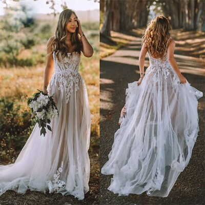 #ad Boho Wedding Dress Beach wedding Gown Spaghetti Straps A line Bridal Dress