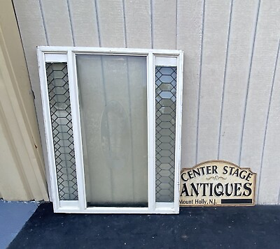 #ad 64786 Antique Etched Glass window with Leaded Glass Side panels Stain Glass