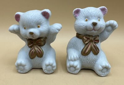 #ad Pair Of Cute Ceramic White Bear Figurines Decor