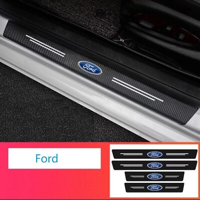 #ad 4 Pcs Car Logo Sills Protection Sticker Luminous Carbon Fiber Fit All Ford