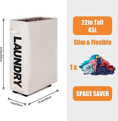 #ad Slim Laundry Basket Waterproof Bag Foldable Hamper w 4 Wheels Rolling Tall Thin