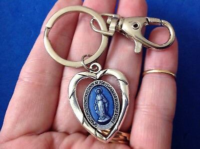 #ad MIRACULOUS Heart Saint Medal KEYCHAIN KEY RING Blue Enamel Virgin Mary