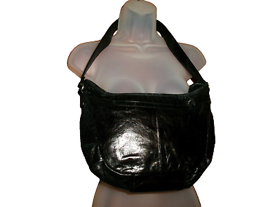 #ad Vtg Hobo International Shoulder Bag Black Shiny Glazed Leather Hobo Crescent