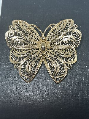#ad VINTAGE MONET IN CAPS HUGE FILIGREE GOLD TONE BUTTERFLY BROOCH