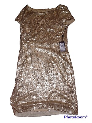 #ad Adrianna Papell Size 16M Champagne Short Sleeve Sequin Dress NWT $159