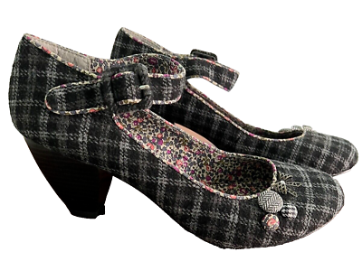 #ad RUBY SHOO Womens Mary Jane Shoes Plaid Black Gray Buttons Bows 41 US 10 NEW