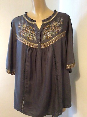 #ad Falmer Ladies Boho Hippie Top UK 16 Scoop Neck 3 4 Sleeve Embroidered Excellent