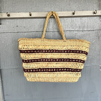 #ad Straw Basket Tote Beach Garden Market Bag Handwoven Braided Beige Brown