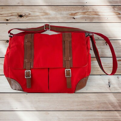 #ad Levenger Red Nylon and Leather Large Messenger Bag Book Bag
