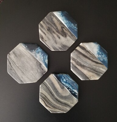 #ad Handmade Gray Marble Coasters with Blue amp; Silver Epoxy Resin Set of 4