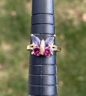 #ad Butterfly 14k Yellow Gold Amethyst amp; Magenta Tourmaline Ring Sz3.25 2.21g Mexico
