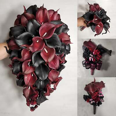 #ad Burgundy Black Calla Lily Bridal Wedding Bouquet Accessories