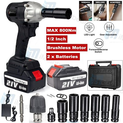 #ad 21V Cordless Impact Wrench 1 2quot; 800Nm High Torque Brushless Drill with 2 Battery