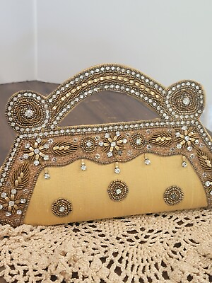 #ad Indian Clutch Bag Stunning Handmade Beaded Jeweled Bag Wedding Gold Clear Stones