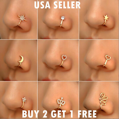 #ad 9PCS Set Crystal Gemstone Clip On Nose Ring Gold Silver No holes needed