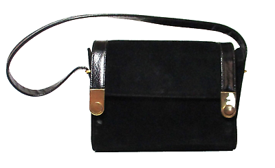 #ad Vintage Block Purse Handbag Black Suede Leather Trim Gold Hardware Top Handle