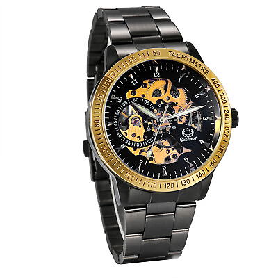 #ad Luxury Black Skeleton Dial Auto Watch Steampunk Mechanical Wristwatch Mens Gift