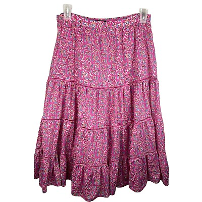 #ad J. Crew Sz M Pink Floral Summery Tiered Full Midi Skirt Pink Vines Block Print