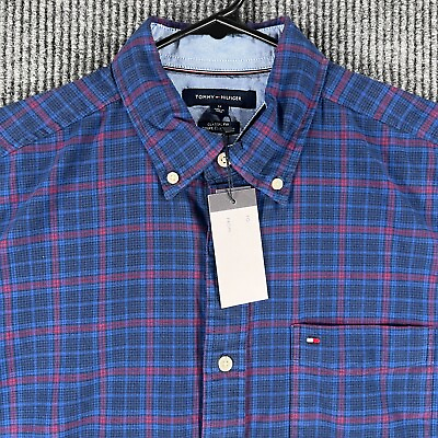 #ad Tommy Hilfiger Mens Medium Blue Plaid Long Sleeve Button Up Shirt Classic NWT