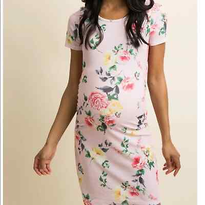 #ad PinkBlush Pink Floral Fitted Ruched Short Sleeve Maternity Dress Size S