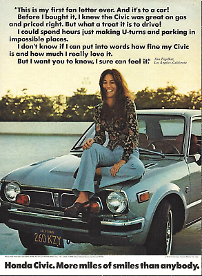#ad 1974 Honda Civic Car Miles of Smiles Ann Fogelhut Los Angeles vintage Print AD