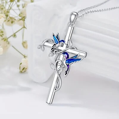 #ad Pendant Necklace Women Fashion Blue Hummingbird Silvery Cross Jewelry Girl Gift