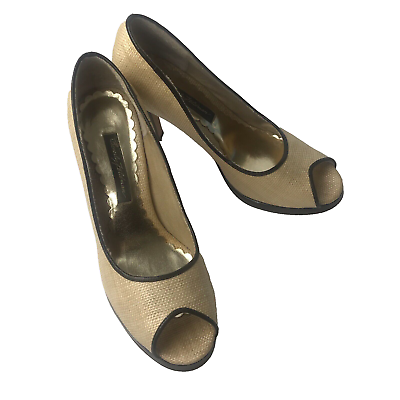 #ad Beverly Feldman Natural Beige Rattan Black Patent Trim Peep Toe Heels Size 8.5M