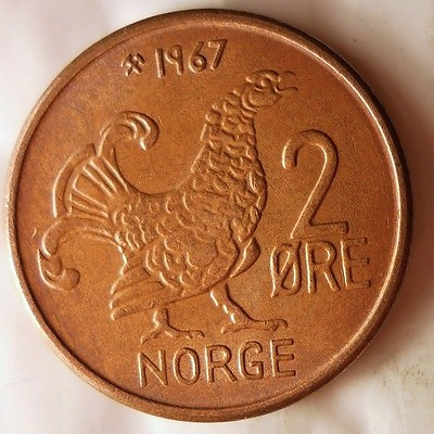 #ad 1967 NORWAY 2 ORE MOOR HEN Excellent Coin FREE SHIP Norway Bin #4