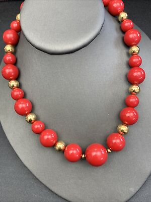 #ad Vintage Monet Light Weight Lucite Bright Red Bead Event 16” Necklace